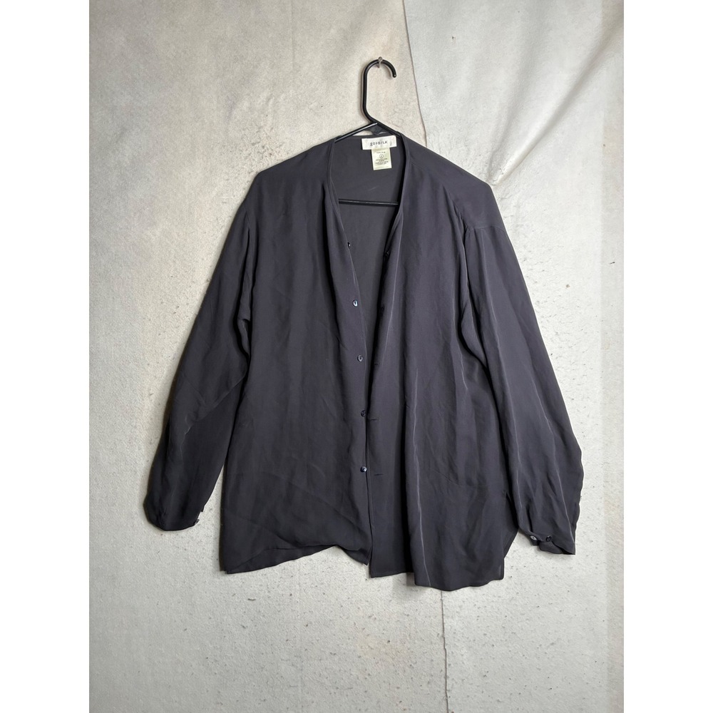Go Silk Charcoal Gray 100% Silk Collarless Button Down Blouse Top Size 2